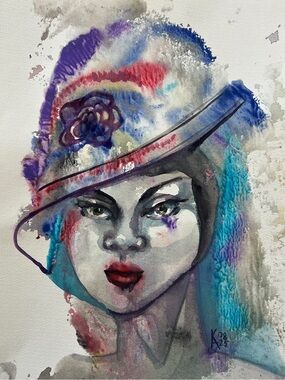 Watercolor Portrait of Woman in Colorful Hat 11x14 inch